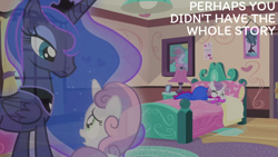 Size: 2000x1125 | Tagged: safe, derpibooru import, edit, edited screencap, editor:quoterific, screencap, princess luna, sweetie belle, alicorn, pony, unicorn, for whom the sweetie belle toils, g4, season 4, 5-year-old sweetie belle, bed, crying, female, filly, foal, horn, mare