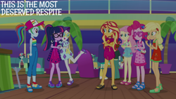 Size: 2000x1125 | Tagged: safe, derpibooru import, edit, edited screencap, editor:quoterific, screencap, applejack, fluttershy, pinkie pie, rainbow dash, rarity, sci-twi, sunset shimmer, twilight sparkle, equestria girls, g4, spring breakdown, equestria girls specials, humane five, humane seven, humane six, tempting fate