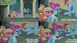 Size: 2000x1125 | Tagged: safe, derpibooru import, edit, edited screencap, editor:quoterific, screencap, bleeding heart, blue bobbin, rainbow dash, starke kragen, pony, g4, season 6, the saddle row review, female, manehattan, mare