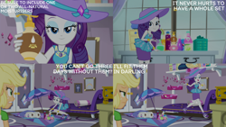 Size: 2000x1125 | Tagged: safe, derpibooru import, edit, edited screencap, editor:quoterific, screencap, applejack, rarity, human, better together, camping must-haves, equestria girls, g4, duo, duo female, female, hat, lotion, rarity peplum dress, sun hat, umbrella, window