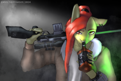 Size: 1920x1280 | Tagged: safe, artist:endelthepegasus, derpibooru import, oc, oc only, oc:zeleniy, anthro, fallout equestria, alcohol, clothes, ear piercing, gun, looking at you, male, one ear down, piercing, pipbuck, rifle, smiling, smiling at you, solo, weapon, whiskey