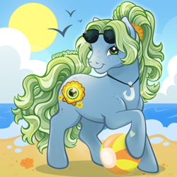 Size: 2400x2400 | Tagged: safe, artist:sparkytopia, derpibooru import, pony, g3, august breeze, bangs, beach, beach ball, blue coat, cute, female, freckles, green eyes, green mane, jewel birthday ponies, jewelry, looking at you, mare, necklace, outdoors, ponytail, scrunchie, signature, smiling, solo, sunglasses, sunglasses on head, wingding eyes