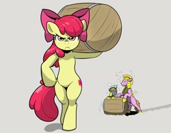 Size: 3034x2356 | Tagged: safe, artist:cyanrobo, derpibooru import, apple bloom, earth pony, pony, barrel, bipedal, carrying, female, filly, foal, gray background, male, royal guard, simple background, stallion, struggling