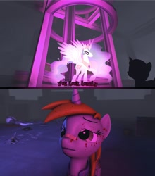 Size: 951x1080 | Tagged: safe, derpibooru import, princess celestia, oc, oc:littlepip, pegasus, unicorn, fallout equestria, 3d, blade runner 2049, blood, dialogue, fanfic art, horn, meme, source filmmaker, you look lonely