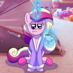 Size: 1000x1000 | Tagged: safe, artist:fruiitypieq, derpibooru import, princess cadance, alicorn, pony, g4, bathrobe, clothes, coffee, coffee mug, female, magic, magic aura, mare, mug, robe, solo, telekinesis, tired