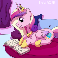 Size: 1000x1000 | Tagged: safe, artist:fruiitypieq, derpibooru import, princess cadance, alicorn, pony, g4, book, female, mare, reading, solo