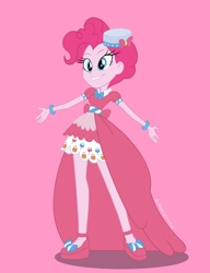 Size: 2350x3058 | Tagged: safe, artist:nightglowfan, derpibooru import, pinkie pie, human, equestria girls, g4, clothes, cute, diapinkes, dress, female, gala dress, grin, hat, pink background, shoes, simple background, slender, smiling, solo, thin