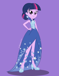 Size: 2350x3058 | Tagged: safe, artist:nightglowfan, derpibooru import, twilight sparkle, human, equestria girls, g4, bare shoulders, clothes, cute, dress, ear piercing, earring, female, gala dress, hair bun, hand on hip, high heels, jewelry, piercing, purple background, shoes, simple background, slender, smiling, solo, thin, twiabetes