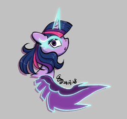 Size: 1313x1229 | Tagged: safe, artist:brella, derpibooru import, midnight sparkle, sci-twi, twilight sparkle, alicorn, pony, aside glance, bust, female, gray background, looking at you, mare, ponified, portrait, simple background, solo, species swap, text