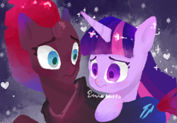 Size: 2360x1640 | Tagged: safe, artist:emmaqian, derpibooru import, tempest shadow, twilight sparkle, twilight sparkle (alicorn), alicorn, pony, unicorn, abstract background, duo, duo female, female, frown, heart, horn, mare