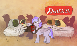 Size: 2843x1719 | Tagged: safe, artist:agent-diego, artist:dsksh, derpibooru import, oc, oc only, oc:discoordination, pegasus, pony, collaboration, abstract background, atari, blue eyes, computer, ear fluff, ears, festival, folded wings, male, pegasus oc, pegasus wings, solo, stallion, standing, table, tail, two toned mane, two toned tail, unshorn fetlocks, video camera, wings