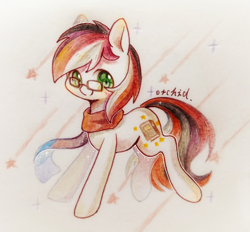 Size: 2152x2000 | Tagged: safe, artist:orchidlanlan738, derpibooru import, oc, oc only, earth pony, pony, cute, green eyes, multicolored hair, multicolored tail, red mane, smiling, solo, tail, traditional art, white coat