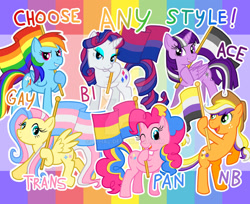 Size: 1280x1043 | Tagged: safe, artist:zphal, derpibooru import, applejack, fluttershy, pinkie pie, rainbow dash, rarity, twilight sparkle, twilight sparkle (alicorn), alicorn, earth pony, pegasus, pony, unicorn, g4, alternate color palette, alternate mane color, alternate tail color, asexual pride flag, bipedal, bisexual pride flag, deviantart watermark, female, gay pride flag, hoof hold, horn, mane six, mare, nonbinary pride flag, obtrusive watermark, pansexual pride flag, pride, pride flag, rainbow background, raised leg, smiling, standing on three hooves, trans fluttershy, transgender, transgender pride flag, watermark