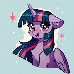 Size: 4608x4608 | Tagged: safe, ai content, derpibooru import, generator:pony diffusion v6 xl, generator:stable diffusion, machine learning assisted, machine learning generated, twilight sparkle, twilight sparkle (alicorn), alicorn, bust, chest fluff, cute, ear fluff, ears, generator:civitai, happy, horn, looking at you, open mouth, portrait, prompter:paleluna, simple background, starry background, starry eyes, wingding eyes, wings