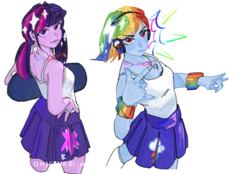 Size: 750x522 | Tagged: safe, artist:emmaqian, derpibooru import, rainbow dash, twilight sparkle, human, equestria girls, g4, clothes, headphones, looking at you, simple background, tanktop, white background