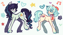 Size: 850x472 | Tagged: safe, artist:junniepiepoopop, derpibooru import, coco pommel, coloratura, earth pony, pony, g4, bangs, belly fluff, blue coat, blue eyelashes, blue eyes, blue hooves, blue pupils, blush scribble, blushing, bobcut, braid, braided ponytail, colored eyelashes, colored hooves, colored pupils, concave belly, cream coat, duo, duo female, ear blush, ear fluff, ears, eye clipping through hair, eyelashes, female, fetlock tuft, floating heart, flower, flower in hair, heart, heart mark, hooves, lesbian, light blue coat, long mane, long tail, looking at each other, looking at someone, mare, music notes, pixel-crisp art, ponytail, profile, purple blush, purple eyelashes, purple pupils, raised leg, sailor collar, shiny hooves, shiny mane, shiny tail, ship:cocotura, shipping, short hair, simple background, slender, smiling, smiling at each other, standing on three hooves, stars, striped mane, striped tail, tail, teal hooves, thin, thin legs, three toned mane, three toned tail, tied mane, two toned mane, two toned tail, wall of tags, wavy tail, white background