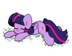 Size: 820x641 | Tagged: safe, artist:kittyrosie, derpibooru import, twilight sparkle, twilight sparkle (alicorn), alicorn, pony, g4, cute, eyes closed, female, flower, grass, mare, simple background, smiling, solo, twiabetes, white background