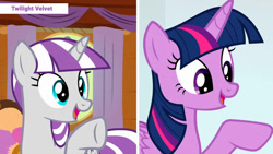 Size: 1192x670 | Tagged: safe, derpibooru import, edit, edited screencap, screencap, twilight sparkle, twilight sparkle (alicorn), twilight velvet, alicorn, pony, unicorn, g4, duo, duo female, episode needed, female, horn, like mother like daughter, like parent like child, mother and child, mother and daughter, parent and child