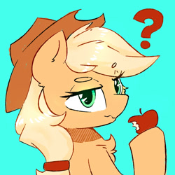 Size: 1000x1000 | Tagged: safe, artist:morningbullet, derpibooru import, applejack, earth pony, pony, g4, apple, eating, female, food, hat, mare, question mark, simple background, solo