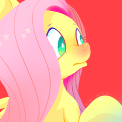 Size: 512x512 | Tagged: safe, artist:xilingjun, derpibooru import, fluttershy, pegasus, pony, g4, no pupils, red background, red nosed, simple background, solo