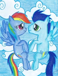 Size: 736x951 | Tagged: safe, rainbow dash, soarin', pegasus, pony, female, male, mare, shipping, soarindash, stallion, straight, traditional art