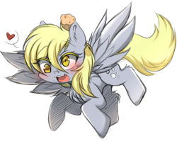 Size: 4804x3824 | Tagged: safe, artist:papilrux, derpibooru import, derpy hooves, pegasus, pony, g4, absurd resolution, blushing, cute, derp, derpabetes, female, flying, food, heart, mare, muffin, open mouth, pictogram, simple background, solo, speech bubble, spread wings, tail, white background, wings