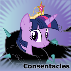 Size: 840x840 | Tagged: safe, artist:saby, derpibooru exclusive, derpibooru import, twilight sparkle, twilight sparkle (alicorn), alicorn, pony, g4, princess twilight sparkle (episode), .svg available, big crown thingy, bust, consentacles, derpibooru, element of magic, female, jewelry, looking at you, meta, official spoiler image, portrait, regalia, restrained, smiling, smiling at you, solo, spoilered image joke, svg, tentacles, thorn, vector