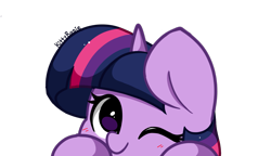 Size: 1555x894 | Tagged: safe, artist:kittyrosie, derpibooru import, twilight sparkle, unicorn twilight, pony, unicorn, g4, blushing, cute, female, horn, looking at you, mare, one eye closed, peeking, signature, simple background, smiling, smiling at you, solo, transparent background, twiabetes, wallpaper, wink, winking at you