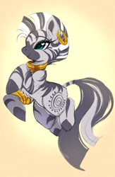 Size: 2674x4096 | Tagged: safe, artist:heavymetalpapi, artist:papilrux, derpibooru import, zecora, zebra, g4, chest fluff, ear fluff, ear piercing, earring, ears, female, gradient background, high res, jewelry, mare, necklace, open mouth, open smile, piercing, raised hoof, raised leg, simple background, smiling, solo, yellow background