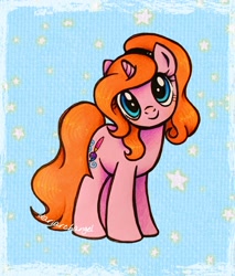 Size: 1744x2048 | Tagged: safe, artist:dariarchangel, derpibooru import, oc, oc only, oc:dazha, pony, unicorn, g4, adorable face, blue eyes, cute, cute smile, female, horn, looking up, mare, ocbetes, orange hair, orange mane, orange tail, pink coat, small horn, smiling, solo, squee, standing, stars, tail, traditional art, unicorn oc