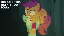 Size: 2000x1125 | Tagged: safe, derpibooru import, edit, edited screencap, editor:quoterific, screencap, rainbow dash, scootaloo, campfire tales, g4, duo, duo female, female, filly, foal, mare, open mouth, scared, siblings, sisters