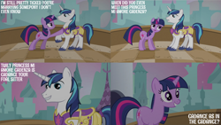 Size: 2000x1125 | Tagged: safe, derpibooru import, edit, edited screencap, editor:quoterific, screencap, shining armor, twilight sparkle, pony, unicorn, a canterlot wedding, g4, season 2, canterlot, duo, duo male and female, female, horn, male, stallion