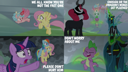 Size: 2000x1125 | Tagged: safe, derpibooru import, edit, edited screencap, editor:quoterific, screencap, cozy glow, fluttershy, lord tirek, queen chrysalis, rainbow dash, spike, twilight sparkle, twilight sparkle (alicorn), alicorn, centaur, changeling, changeling queen, dragon, pegasus, pony, taur, g4, season 9, the ending of the end, alicornified, cozycorn, race swap, ultimate chrysalis, winged spike, wings