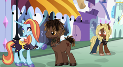 Size: 1024x558 | Tagged: safe, artist:6hellboy9, derpibooru import, sassy saddles, oc, oc:kesha, pony, unicorn, blushing, canterlot, clothes, cute, dress, female, horn, male, mare, ponified, species swap, stallion, trio