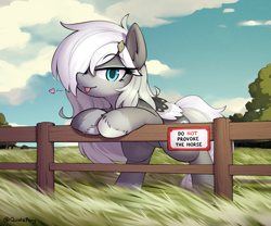 Size: 2705x2254 | Tagged: safe, alternate version, artist:quotepony, derpibooru import, oc, oc only, oc:asbestos, pegasus, pony, :p, cloud, fence, grass, grass field, heart, leaning, long mane, looking at you, outdoors, scenery, sfw version, sign, solo, text, tongue, tongue out, tree, unshorn fetlocks