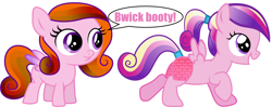 Size: 7704x3066 | Tagged: safe, artist:theshadowstone, artist:vector-brony, derpibooru import, edit, princess cadance, oc, oc:bricky candyass, pegasus, pony, brick booty, female, filly, foal, forced meme, meme, pegasus cadance, simple background, speech bubble, wat, white background