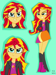 Size: 827x1104 | Tagged: source needed, safe, artist:funnypancake, derpibooru import, sunset shimmer, equestria girls, g4, boots, clothes, green background, high heel boots, jacket, shirt, shoes, simple background, skirt, solo