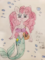 Size: 3024x4032 | Tagged: safe, artist:victheanimaldrawer, derpibooru import, pinkie pie, anthro, mermaid, g4, bubble, drawing, female, fish tail, flowing tail, ocean, scales, solo, swimming, tail, the little mermaid, traditional art, underwater, water