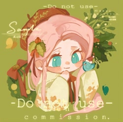 Size: 1080x1073 | Tagged: safe, artist:xinjinjumin718660644133, derpibooru import, fluttershy, bird, butterfly, human, chibi, christmas, christmas wreath, commission, green background, hat, holiday, humanized, sample, santa hat, simple background, solo, text, wreath