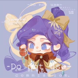 Size: 1080x1074 | Tagged: safe, artist:xinjinjumin718660644133, derpibooru import, rarity, human, bow, chibi, christmas decoration, commission, hair bow, humanized, light blue background, simple background, solo, text