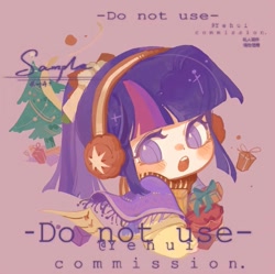 Size: 1079x1075 | Tagged: safe, artist:xinjinjumin718660644133, derpibooru import, twilight sparkle, human, chibi, christmas, christmas tree, commission, headphones, holiday, humanized, present, purple background, sample, simple background, solo, text, tree