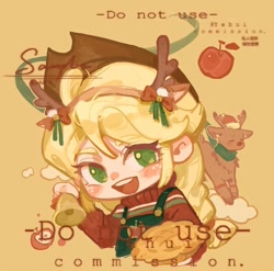 Size: 1080x1067 | Tagged: safe, artist:xinjinjumin718660644133, derpibooru import, applejack, deer, human, reindeer, antlers, apple, apple pie, bell, chibi, commission, food, humanized, pie, reindeer antlers, sample, simple background, solo, text, yellow background