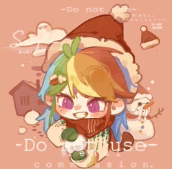 Size: 1080x1060 | Tagged: safe, artist:xinjinjumin718660644133, derpibooru import, rainbow dash, human, chibi, christmas, clothes, cloud, commission, grin, hat, holiday, humanized, orange background, sample, santa hat, scarf, simple background, smiling, snow, snowman, solo, sweater, text