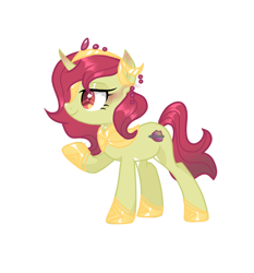 Size: 862x925 | Tagged: safe, artist:xinjinjumin672131853214, derpibooru import, oc, oc only, pony, unicorn, g4, curved horn, female, filly, foal, fusion, fusion:apple bloom, fusion:king sombra, gradient ears, gradient horn, horn, jewelry, raised hoof, raised leg, regalia, simple background, smiling, solo, unicorn oc, white background