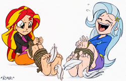 Size: 6156x3974 | Tagged: safe, artist:chaoskomori, derpibooru import, edit, editor:overlord 2, sunset shimmer, trixie, human, equestria girls, g4, barefoot, duo, duo female, feather, feather tickles, feet, female, fetish, foot fetish, foot tickling, human coloration, humanized, laughing, tickle fetish, tickling, tied up