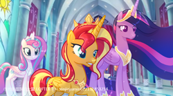 Size: 750x418 | Tagged: source needed, safe, artist:xinjinjumin672131853214, derpibooru import, princess flurry heart, princess twilight 2.0, sunset shimmer, twilight sparkle, twilight sparkle (alicorn), alicorn, pony, g4, alicornified, canterlot castle interior, concave belly, ethereal mane, ethereal tail, female, height difference, indoors, long mane, long tail, older, older flurry heart, older sunset, older twilight, older twilight sparkle (alicorn), physique difference, race swap, raised hoof, raised leg, shimmercorn, slender, tail, tall, thin, trio, trio female