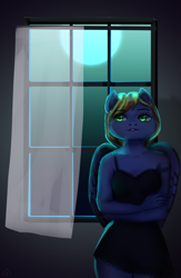 Size: 1536x2352 | Tagged: safe, artist:effervesket, derpibooru import, oc, oc only, oc:jade spark, anthro, pegasus, blinds, clothes, dress, ears up, female, green eyes, lingerie, moon, moonlight, pegasus oc, solo, window, wings