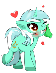 Size: 1387x1805 | Tagged: safe, artist:scandianon, derpibooru import, lyra heartstrings, oc, oc:anon, pony, unicorn, blush scribble, blushing, caress, dilated pupils, duo, female, happy, heart, horn, implied human, looking up, mare, one eye closed, petting, raised leg, simple background, smiling, white background