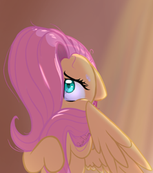 Size: 1282x1443 | Tagged: safe, artist:flutterbug18, derpibooru import, fluttershy, pegasus, pony, g4, cute, ears, female, floppy ears, hair over one eye, hiding behind mane, mare, shy, shyabetes, solo