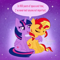 Size: 1500x1500 | Tagged: safe, artist:faelingmagic, derpibooru import, sunset shimmer, twilight sparkle, twilight sparkle (alicorn), alicorn, pony, unicorn, g4, comforting, duo, female, horn, mare, speech bubble